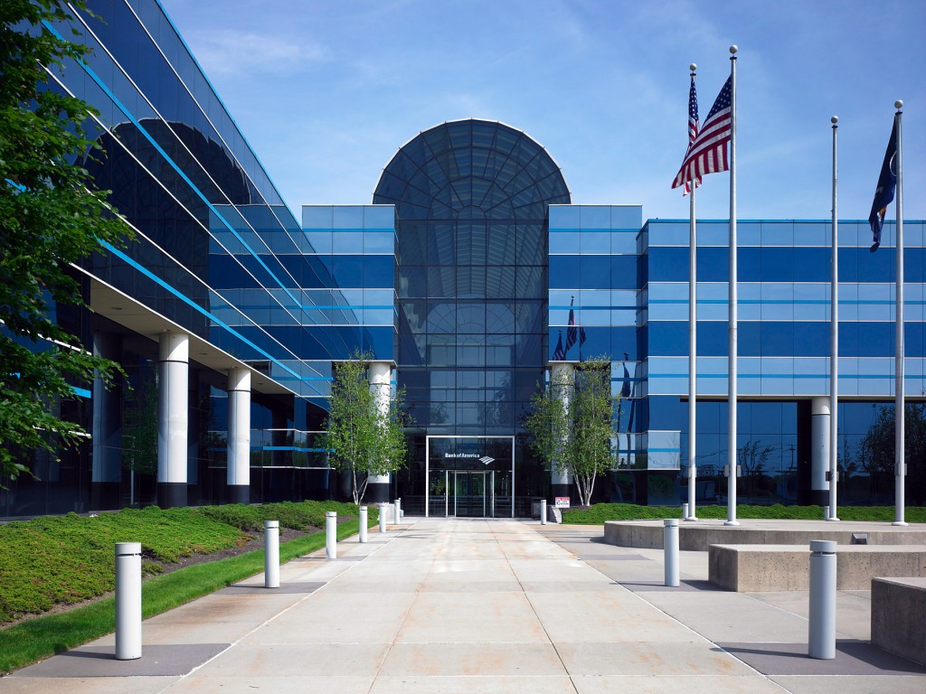 Concrete office building with large gathering area